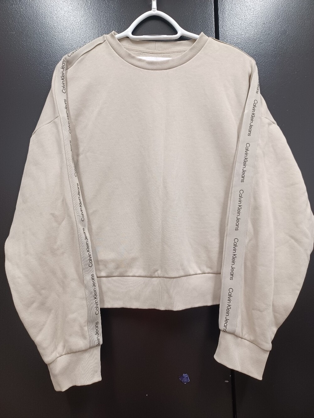 Calvin Klein Jeans Neutral Beige  Logo Trim Crewneck Crop Sweatshirt Medium